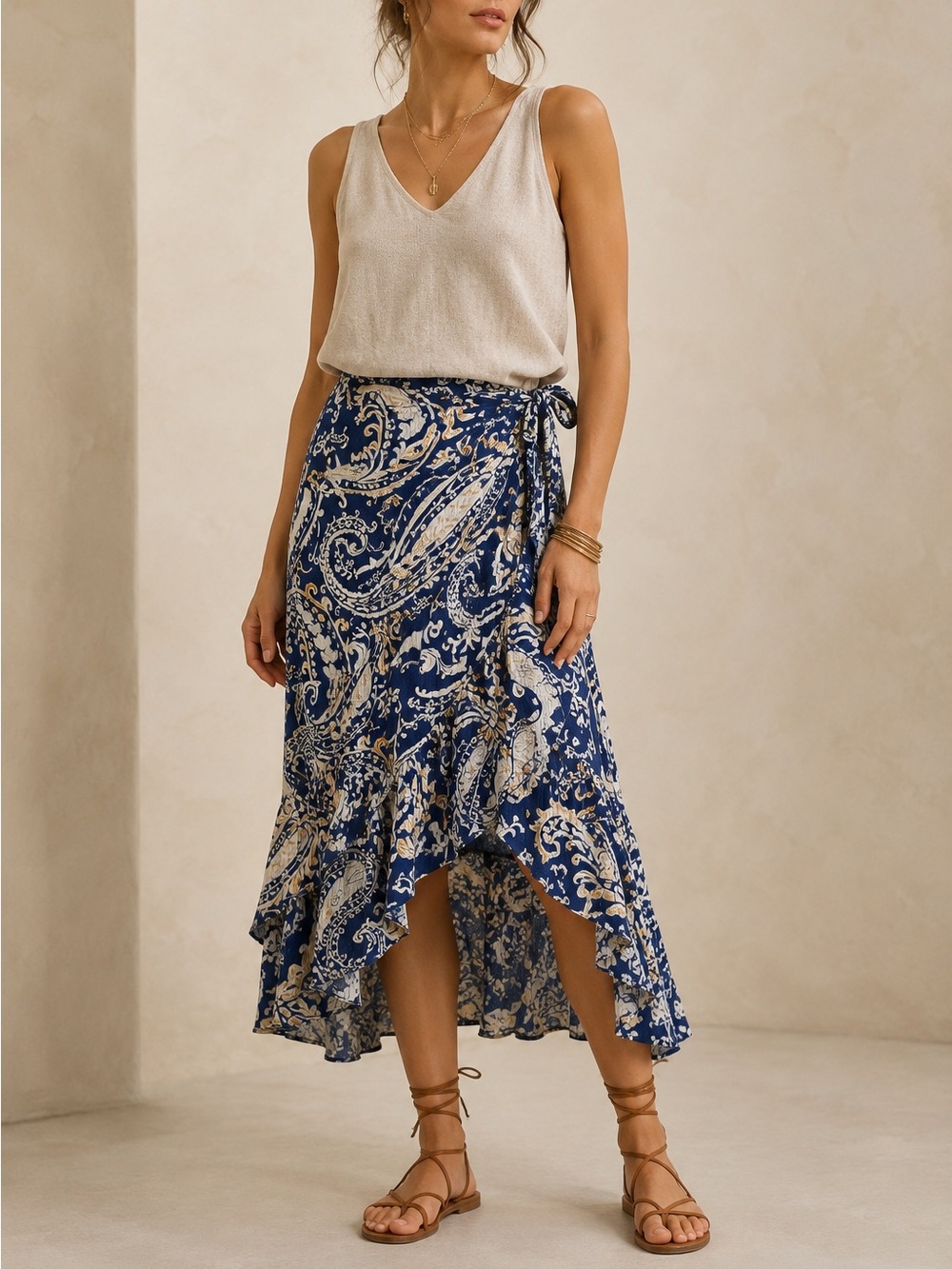 Nicole Miller Blue Paisley Wrap Midi Skirt Rayon Tie Waist Coastal Boho Resort M